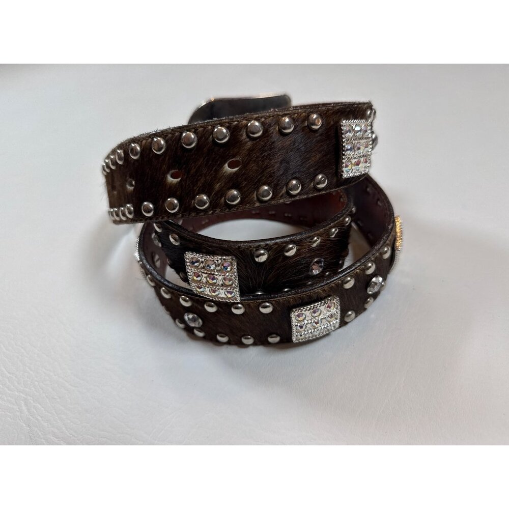 Handcrafted Leather Cowhide Belt Western Style Rhinestones Floral Buckle Design - Picture 9 of 9